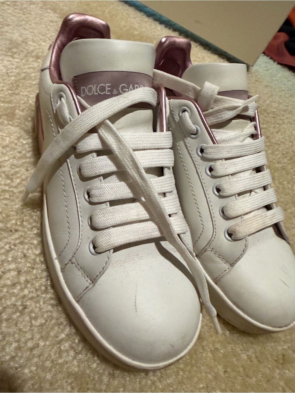 Dolce & Gabbana White Leather Sneakers with Pink Metallic Heel